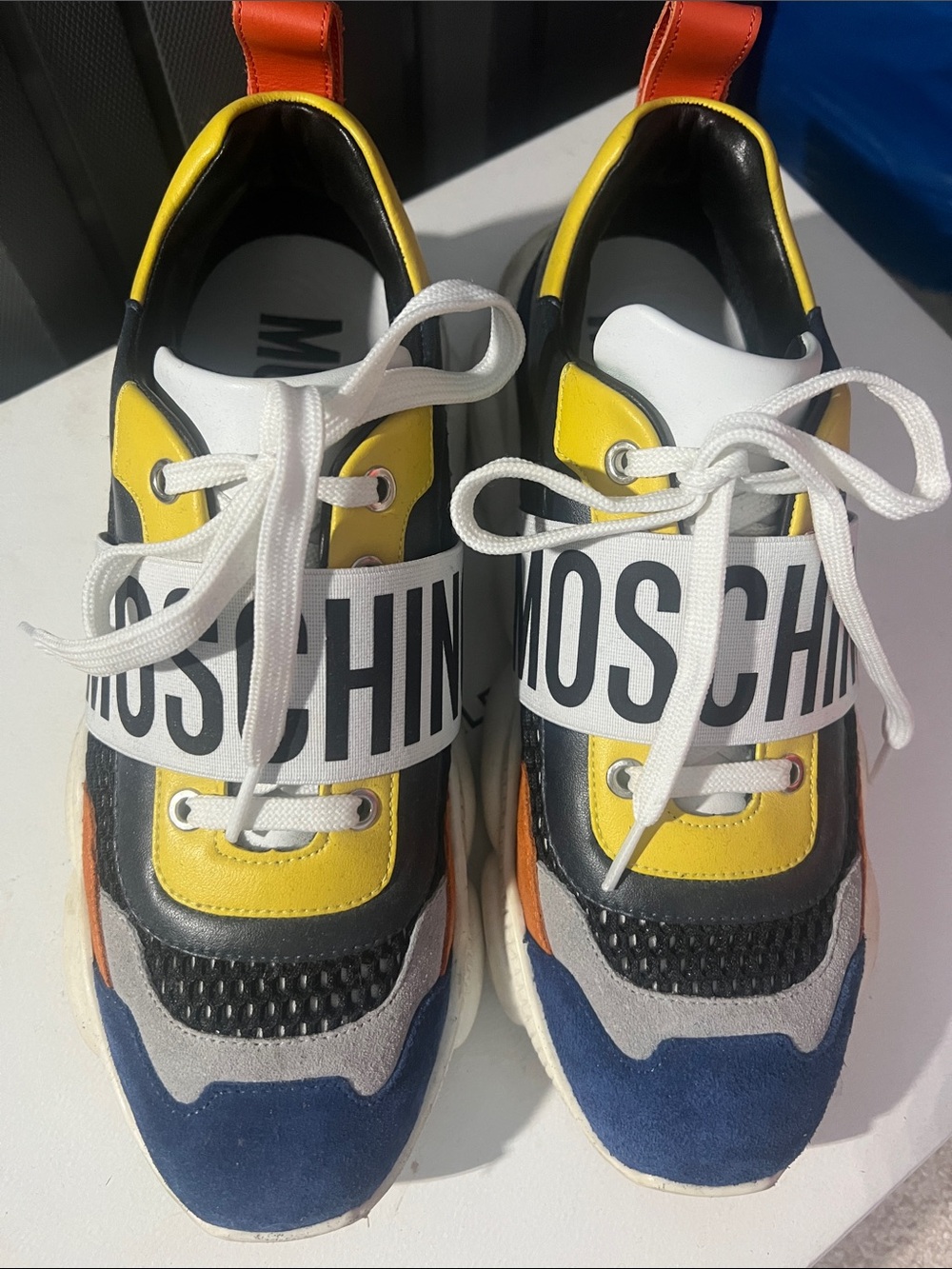 Moschino Yellow Black Blue Accent Logo Strap Sneakers